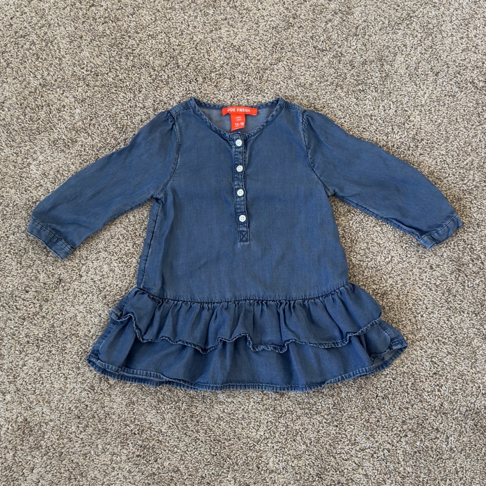 Joe Fresh baby girl toddler girl blue chambray long sleeve dress 12-18 months